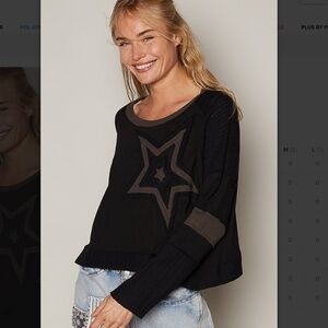 POL Long Sleeve Star Pullover in Black and Brown